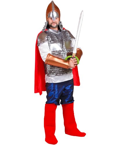 Карнавальный костюм взрослый Богатырь: головной убор, накидка, джемпер, брюки, текстильная имитация обуви (Россия)