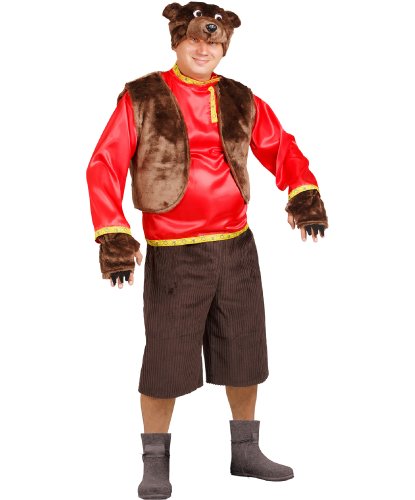 Карнавальный костюм взрослый Медведь Бурый: головной убор, жилет, сорочка, шорты, рукавицы (Россия)