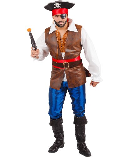 Карнавальный костюм взрослый Пират: головной убор, косынка, наглазник, серьга, жилет, сорочка, пояс, брюки, текстильная имитация обуви, мушкет (Россия)
