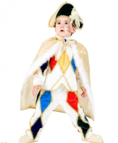 Детский костюм Арлекин: брюки, воротник, кофта, накидка, накладки на туфли, шляпа (Италия)