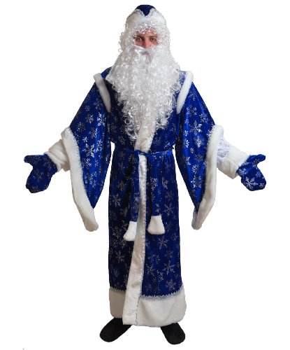 Карнавальный костюм взрослый Дед Мороз Боярский синий: головной убор, парик, борода, халат, варежки, пояс (Россия)