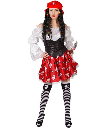 Карнавальный костюм взрослый Пиратка Мэри: косынка, парик, блузка, жилет, юбка, чулки, кинжал (Россия)