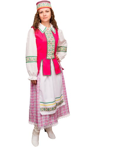 Карнавальный костюм взрослый Белоруска: головной убор, жилет, фартук, блузка, юбка (Россия)