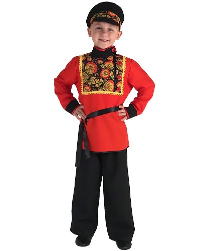Детский костюм Хохлома для мальчика: Рубашка, брюки, картуз, пояс (Россия)