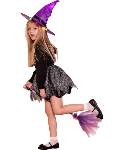 Детский карнавальный костюм Ведьма с метлой: юбка, шляпа со светодиодами, метла (Россия)