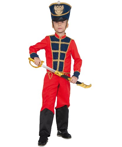 Детский костюм Гусар с саблей в брюках красных и сапогах: шапка-кивер, рубаха-китель, брюки, сабля (Россия)