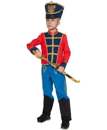 Детский костюм Гусар с саблей в брюках синих и сапогах: шапка-кивер, рубаха-китель, брюки, сабля (Россия)