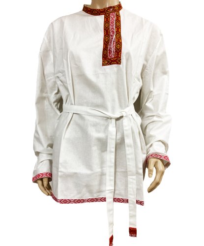 Белая рубашка из хлопка с красной тесьмой: рубашка, пояс (Россия)