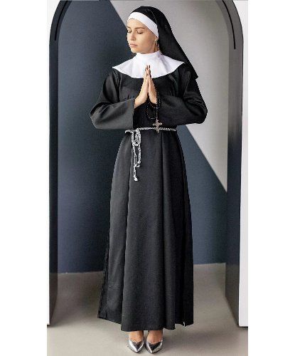 Взрослый костюм Монахиня: платье, воротник, головной убор, пояс, небольшой крестик (Россия)