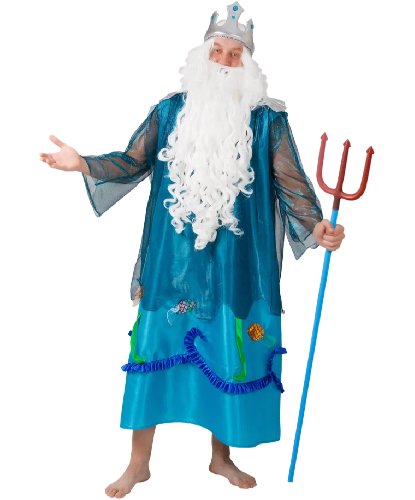 Карнавальный костюм взрослый Нептун: головной убор, парик, борода, платье, трезубец (Россия)