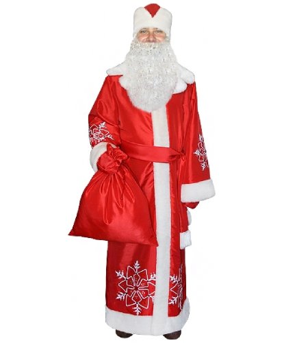 Костюм Деда Мороза с мешком: варежки, головной убор, шуба, кушак, мешок (Россия)