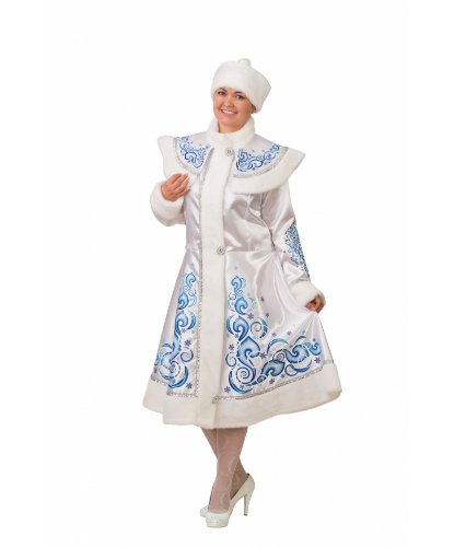 Карнавальный костюм для взрослых Снегурочка аппликация белая сатин : Шуба, шапка (Россия)