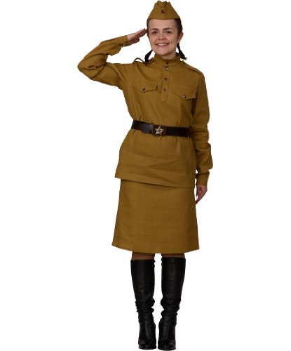 Взрослый костюм Солдатка (песочный): юбка, гимнастерка, пилотка, ремень (Россия)