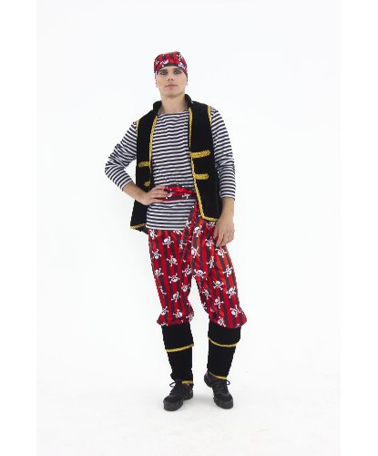Костюм Пирата взрослый: Тельняшка, жилет, брюки с сапогами, бандана, пояс (Россия)