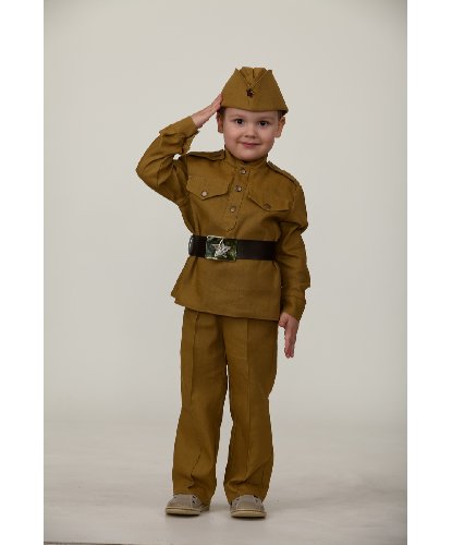 Солдат с прямыми штанами (хлопок) хаки: гимнастерка, прямые брюки, пилотка, пояс (Россия)