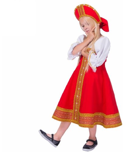 Детский сарафан «Людмила» красный-золотой: блуза, сарафан, кокошник (Россия)