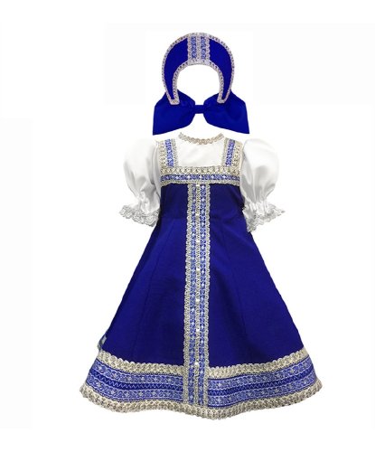 Детский сарафан «Людмила» синий-серебряный : блуза, сарафан, кокошник (Россия)
