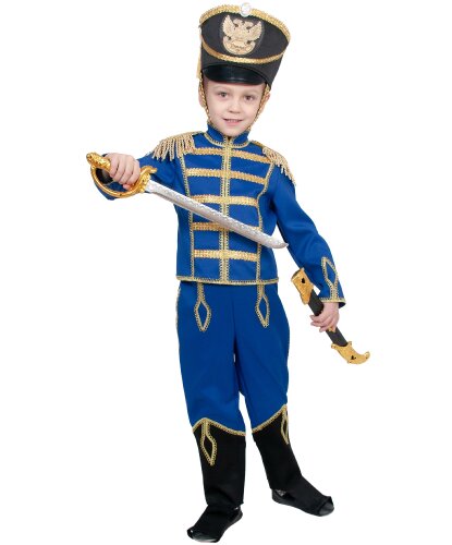 Детский костюм Гусар с саблей (синий): китель, брюки с сапогами, кивер, сабля (Россия)