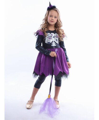 Детский костюм Ведьмочка Виола: платье, леггинсы, ободок, метла (Россия)