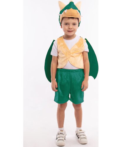 Детский костюм Дракоша (зеленый): жилетка, шорты, шапочка, крылья на резинке (Россия)