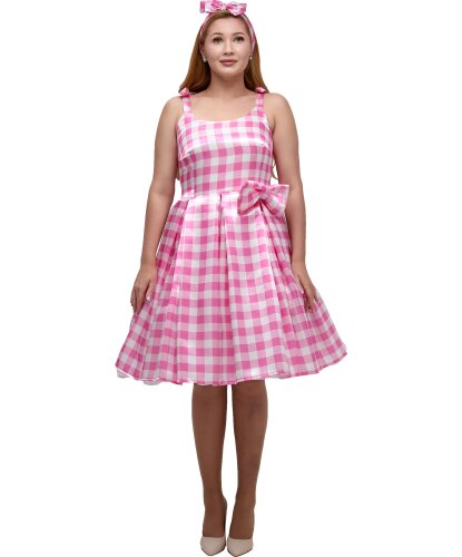 Женский костюм Барби: платье с вшитым подьюбником, пояс, бант, лента (Россия)
