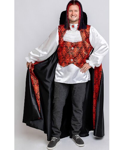 Мужской костюм Вампир: рубашка, плащ, зубы, грим, парик (Россия)
