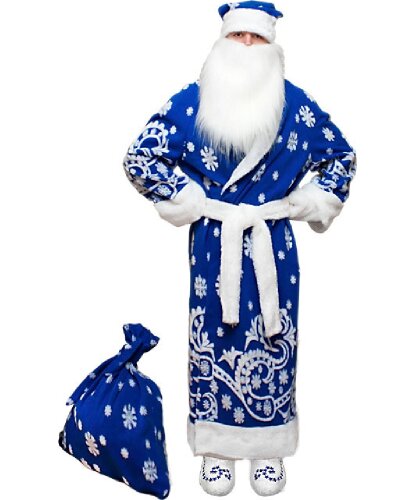 Карнавальный костюм Дед Мороз с мешком (синий): шуба, пояс, шапка, мешок (Россия)
