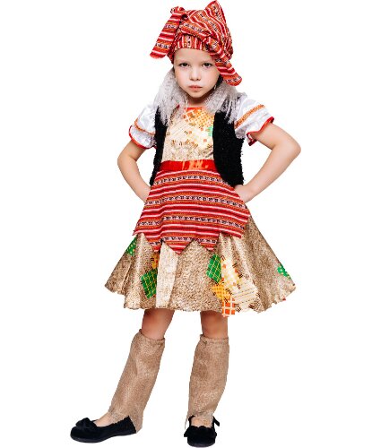 Детский костюм Баба Яга: повязка с париком, платье, жилетка, гетры (Россия)
