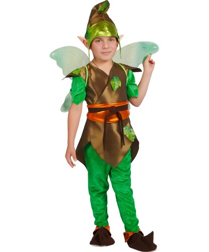 Карнавальный костюм лесного Эльфа на мальчика: головной убор, уши, кофточка, крылья, пояс, брюки, текстильная имитация обуви (Россия)