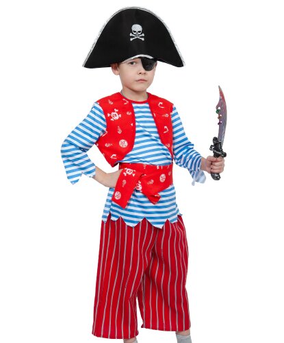 Детский костюм Пират Билли: Тельняшка с жилетом, бриджи, пояс, шляпа, повязка на глаз, сабля (Россия)