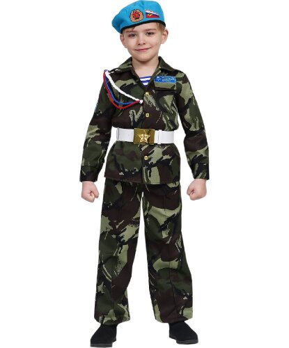 Детский костюм Десантник: головной убор, куртка, тельняшка, брюки, ремень, аксельбант (Россия)