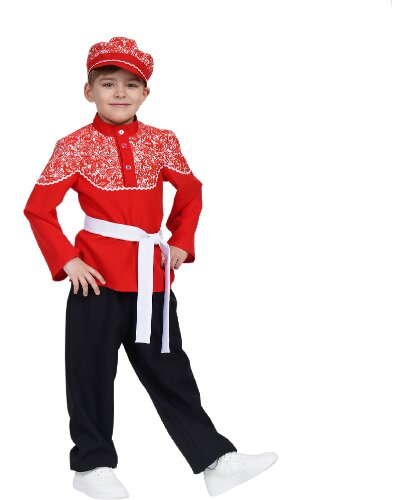 Детский костюм на мальчика Хороводный, красный: головной убор, сорочка, пояс, брюки (Россия)