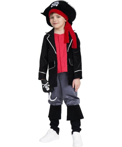 Детский костюм пирата Капитан Крюк: головной убор, жакет с имитацией жилета, брюки с притаченными ботфортами и варежка с крюком (Россия)