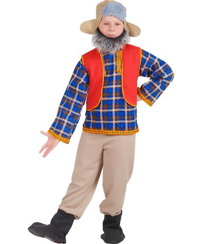 Детский костюм Дед: головной убор, борода, сорочка, жилет, брюки, текстильная имитация обуви (Россия)