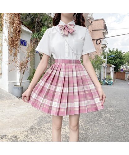 Костюм японской школьницы розово-белый: Рубашка, юбка, галстук бабочка (Китай)