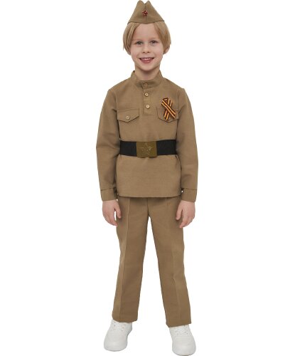 Военная форма на мальчика: прямые брюки, гимнастерка, пилотка, ремень, Георгиевская ленточка (Россия)