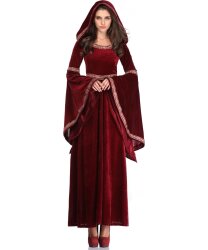 Бордовое средневековое платье с капюшоном