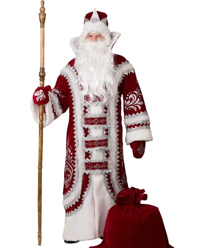 Костюм Дед Мороз Купеческий бордо: шуба, шапка, варежки, парик, борода, мешок (Россия)