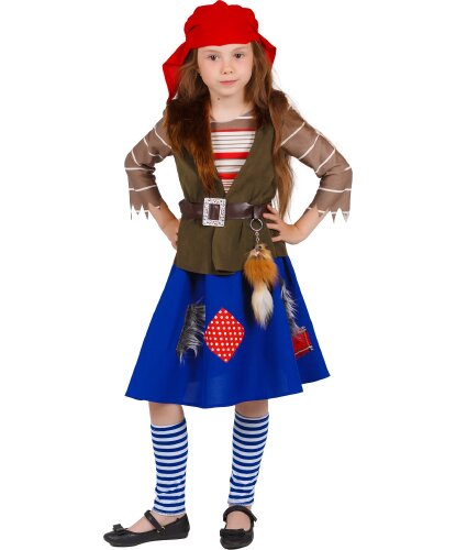 Карнавальный костюм Лесной разбойницы для девочки: косынка, жилет, блузка, пояс, юбка, гольфы, брелок (Россия)