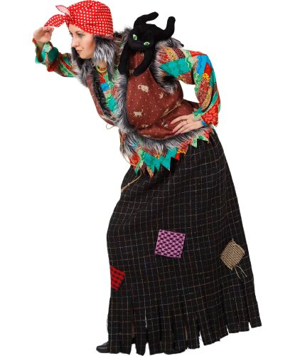 Карнавальный костюм взрослый Баба Яга: головной убор, бусы, жилет, блузка, юбка (Россия)