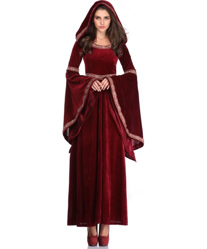 Бордовое средневековое платье с капюшоном: платье (Китай)