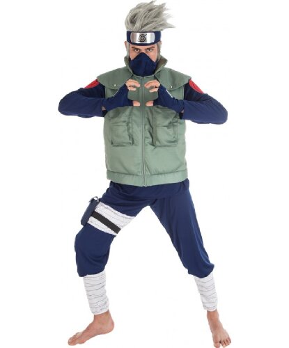Взрослый костюм Какаши Хатаке: брюки, кофта, повязка на голову, сумка, жилет, маска, поясная сумка, мешочек (Франция)