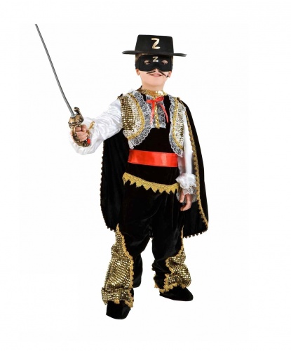 Детский костюм Зорро: кофта, штаны, шляпа, пояс, плащ, накладки на обувь. (Италия)