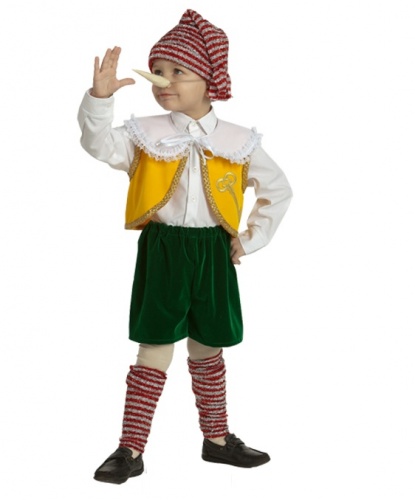 Карнавальный костюм Буратино: жилетка, шорты, колпак, нос, гетры (Россия)