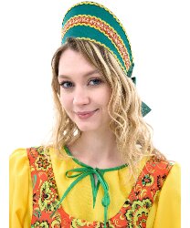 Кокошник "Радуга" зеленый с желтой тесьмой