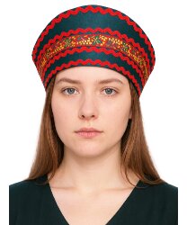 Кокошник "Радуга" зеленый с красной тесьмой