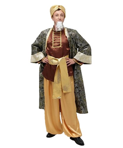 Карнавальный костюм Старика Хоттабыча: Рубашка, шаровары, пояс, чалма, халат, бородка (Россия)