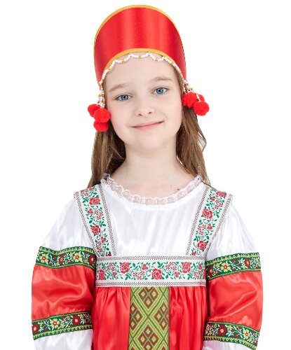 Красный кокошник с помпонами и бусинами (Россия)