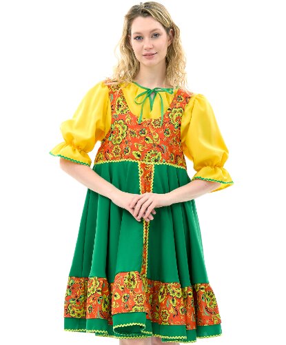 Русский народный костюм Елена хохлома зеленый: сарафан, рубашка (Россия)