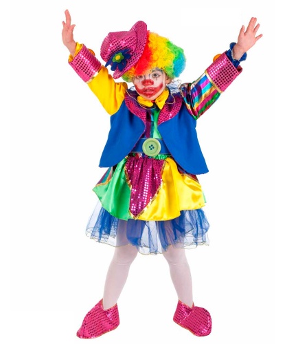 Костюм клоунессы детский: головной убор, парик, накладки на туфли, пиджак, платье, пояс (Италия)